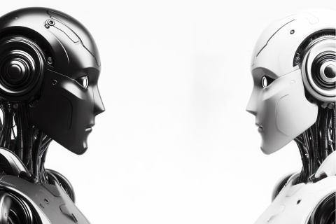 close-up-contrasting-black-white-robots-look-each-other-solid-white-background